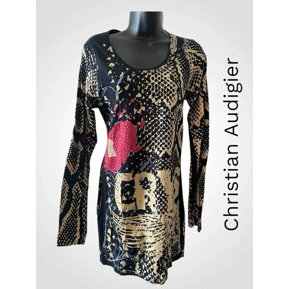 Crystal Rock snake skin crystal locket L/S tunic top / mini dress NWT L. - Picture 1 of 9